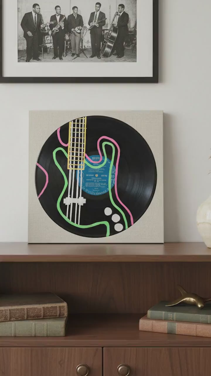 Hand Painted Vinyl Record Art – Abstract Guitar, Music Lover Gift