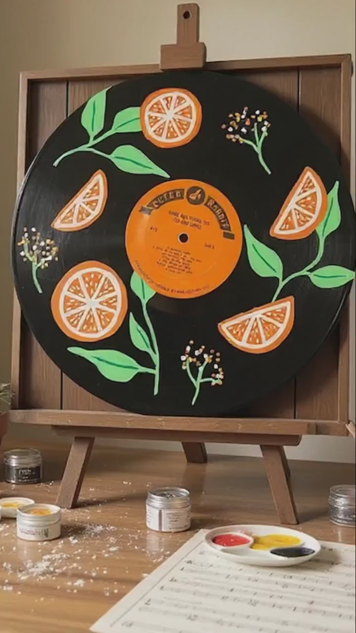Hand-Painted Citrus Vinyl Record Art – Upcycled Botanical Decor