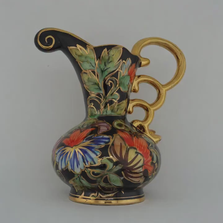 Vintage H. Bequet Belgian Ewer Vase – Black Floral Ceramic with Gold Accents