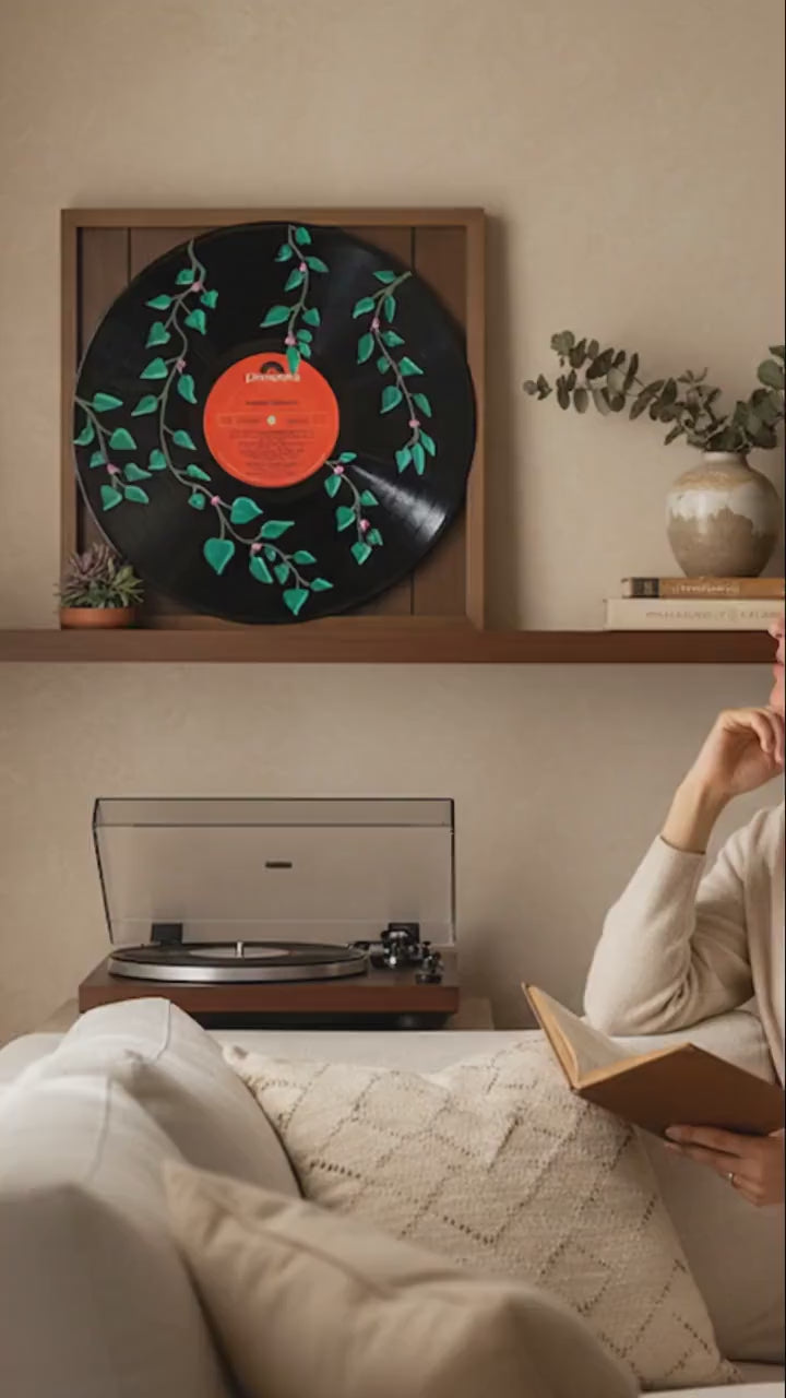 Hand Painted Vinyl Record Art – Green Botanical Vine Decor
